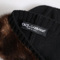 Dolce & Gabbana Black Fur Embellish Knitted Winter Beanie Hat