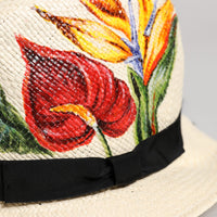 Dolce & Gabbana Beige Floral Print Straw Wide Brim Fedora Hat