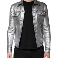 Dolce & Gabbana Silver Cotton Button Down Denim Biker Jacket