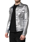 Dolce & Gabbana Silver Cotton Button Down Denim Biker Jacket