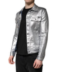 Dolce & Gabbana Silver Cotton Button Down Denim Biker Jacket
