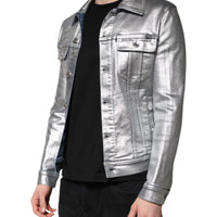 Dolce & Gabbana Silver Cotton Button Down Denim Biker Jacket