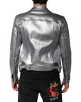 Dolce & Gabbana Silver Cotton Button Down Denim Biker Jacket