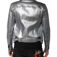 Dolce & Gabbana Silver Cotton Button Down Denim Biker Jacket