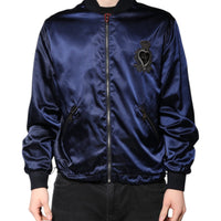 Dolce & Gabbana Blue Nylon DG Crown Full Zip Bomber Jacket