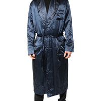Dolce & Gabbana Blue Solid Silk Men Wrap Robe Coat Jacket