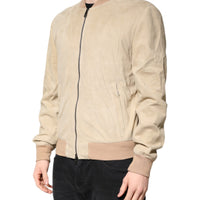 Dolce & Gabbana Beige Lambskin Full Zip Men Bomber Jacket