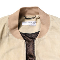 Dolce & Gabbana Beige Lambskin Full Zip Men Bomber Jacket