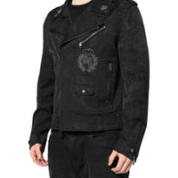 Dolce & Gabbana Black Brocade Cotton Full Zip Biker Jacket