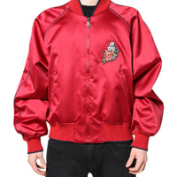 Dolce & Gabbana Red Floral Patch Full Zip Men Bomber Jacket