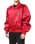 Dolce & Gabbana Red Floral Patch Full Zip Men Bomber Jacket