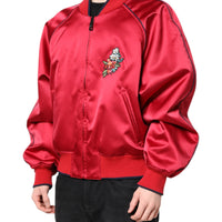 Dolce & Gabbana Red Floral Patch Full Zip Men Bomber Jacket