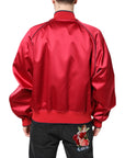 Dolce & Gabbana Red Floral Patch Full Zip Men Bomber Jacket