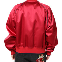 Dolce & Gabbana Red Floral Patch Full Zip Men Bomber Jacket
