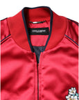 Dolce & Gabbana Red Floral Patch Full Zip Men Bomber Jacket