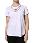 Dolce & Gabbana White Chain Pearl Cotton Round Neck T-shirt