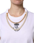 Dolce & Gabbana White Chain Pearl Cotton Round Neck T-shirt