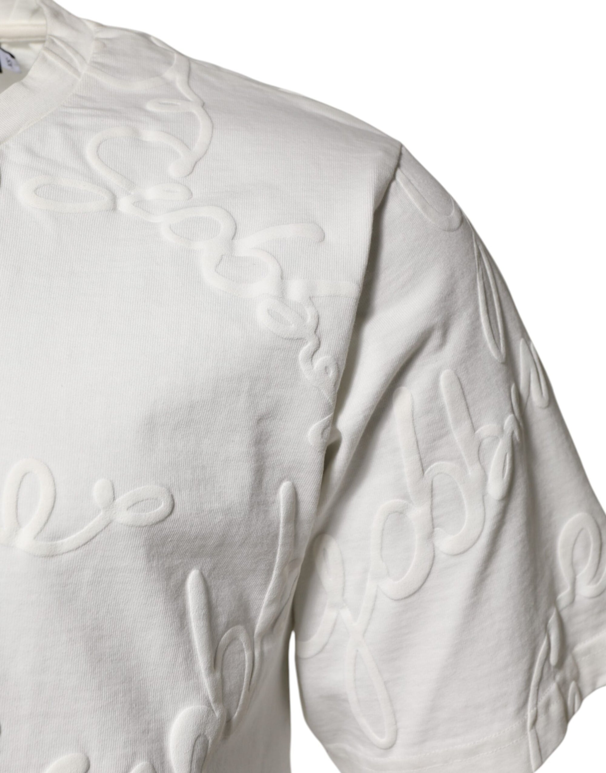 Dolce & Gabbana White Cotton Logo Embossed Crew Neck T-shirt