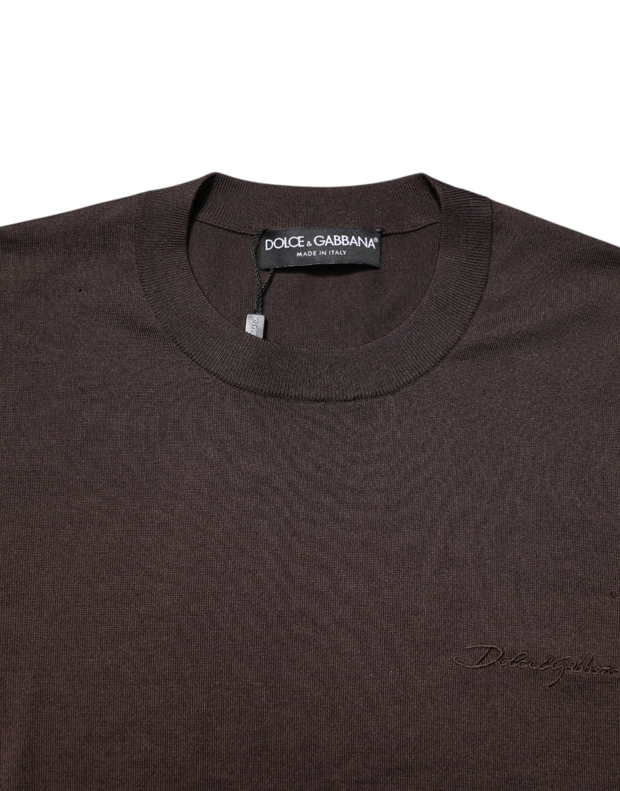 Dolce & Gabbana Brown Silk Logo Embroidery Crew Neck T-shirt