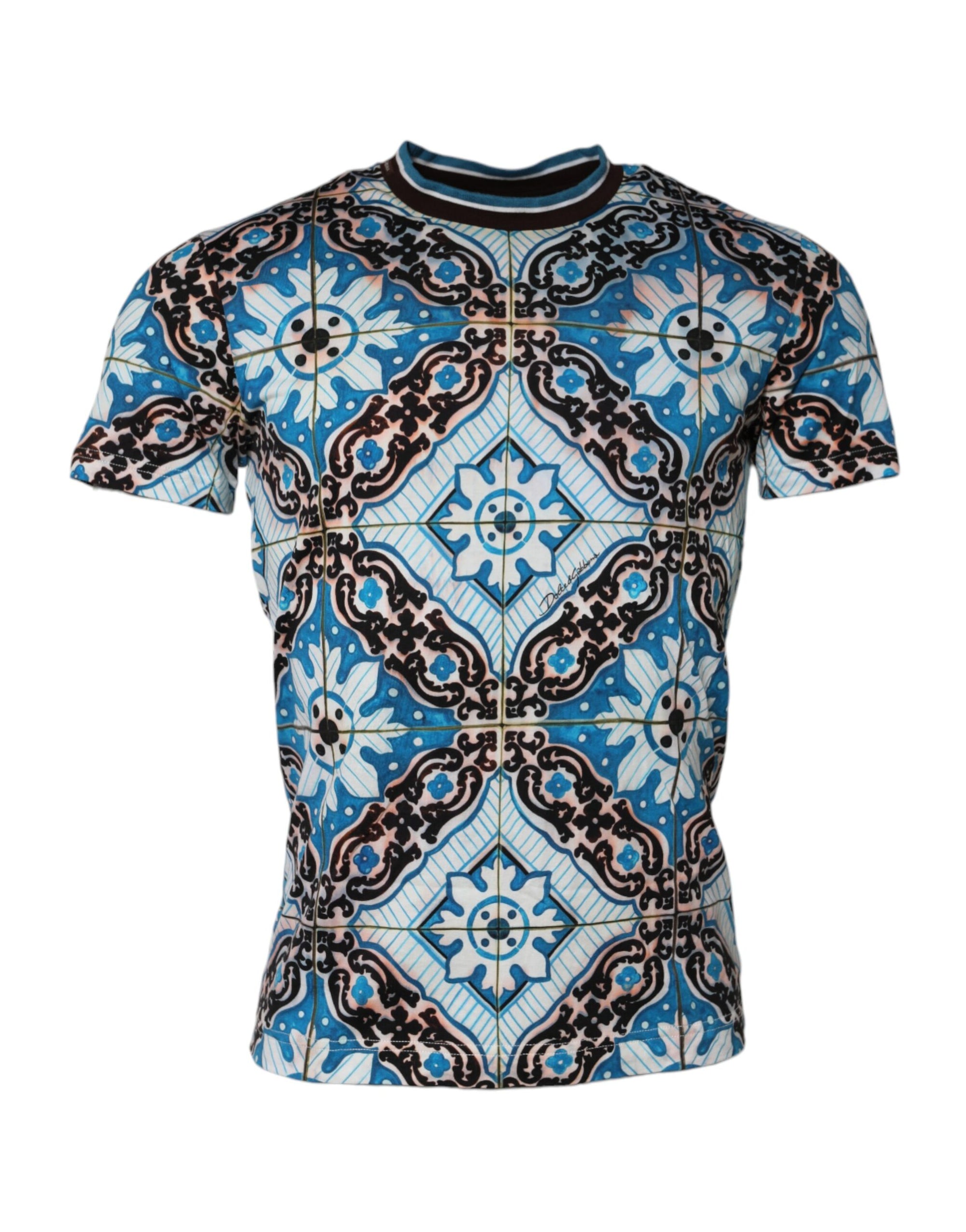 Dolce & Gabbana Blue Cotton Majolica Print Round Neck T-shirt