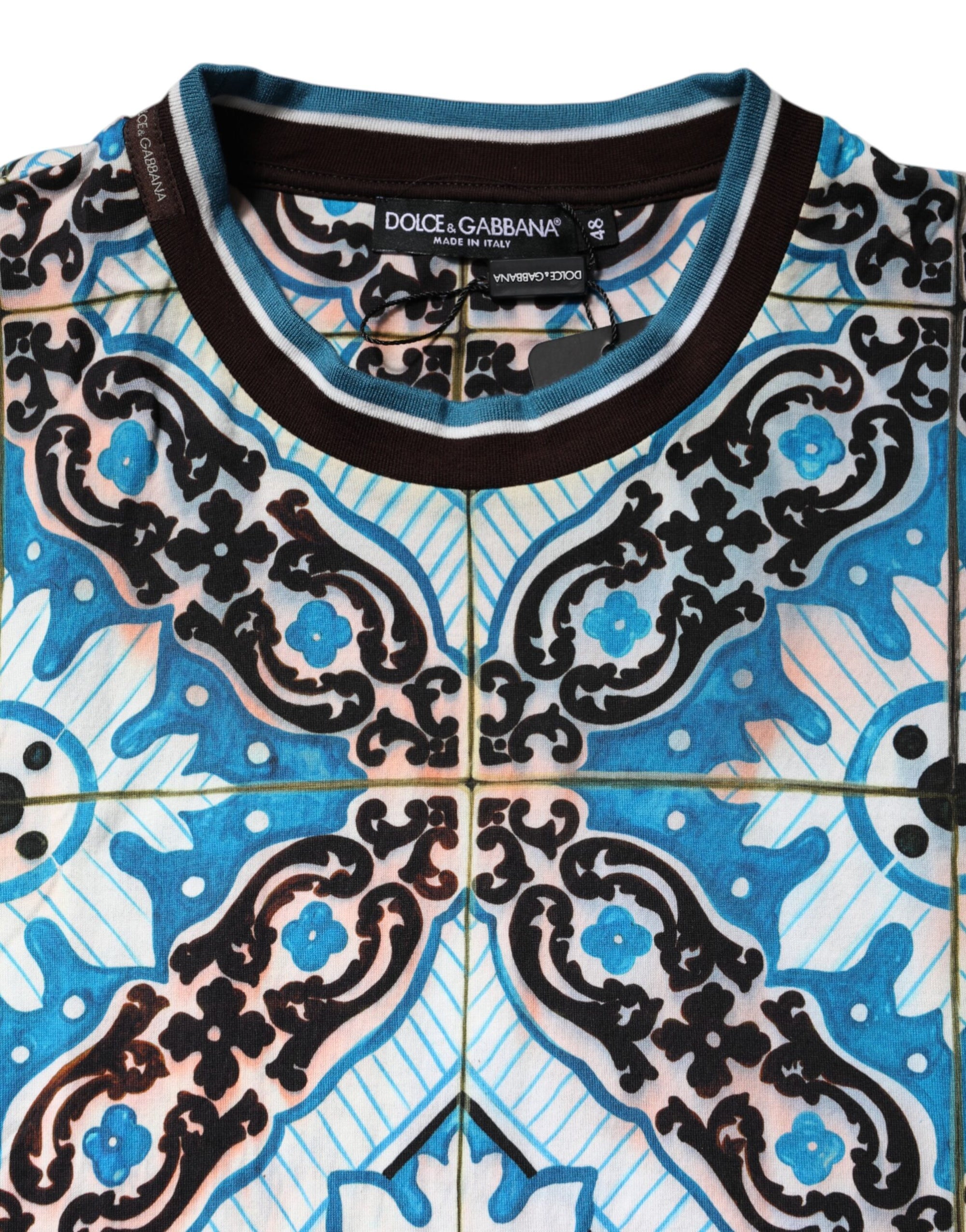Dolce & Gabbana Blue Cotton Majolica Print Round Neck T-shirt