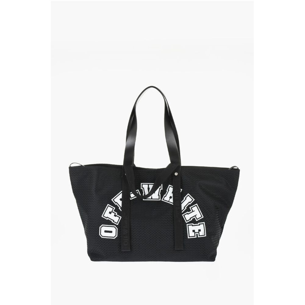 Off-White Perforated Fabric Tote bag with Leather Details