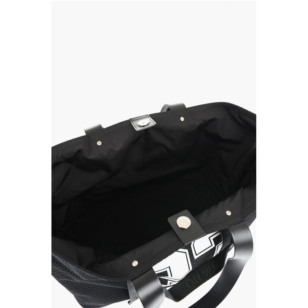 Off-White Perforated Fabric Tote bag with Leather Details