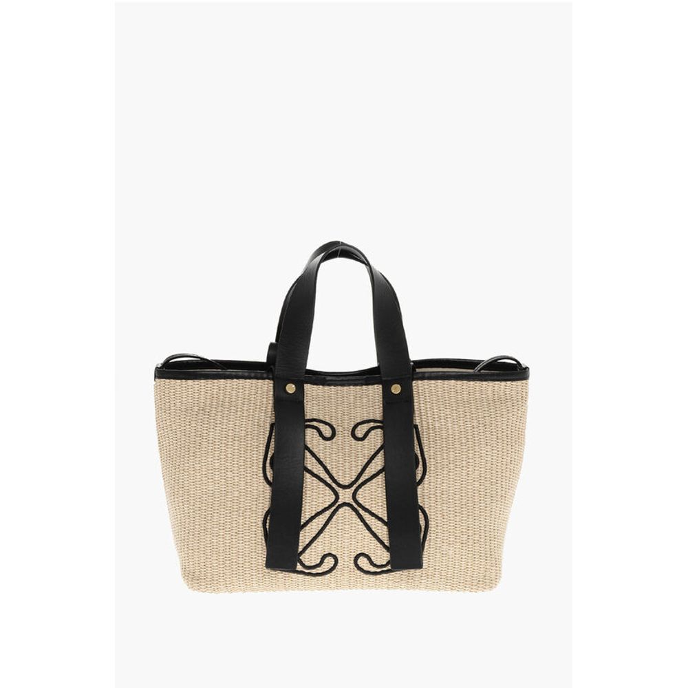 Off-White Raffia Tote Bag with Leather Details