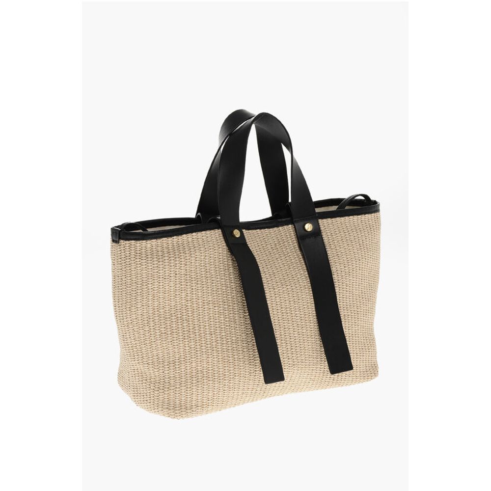 Off-White Raffia Tote Bag with Leather Details