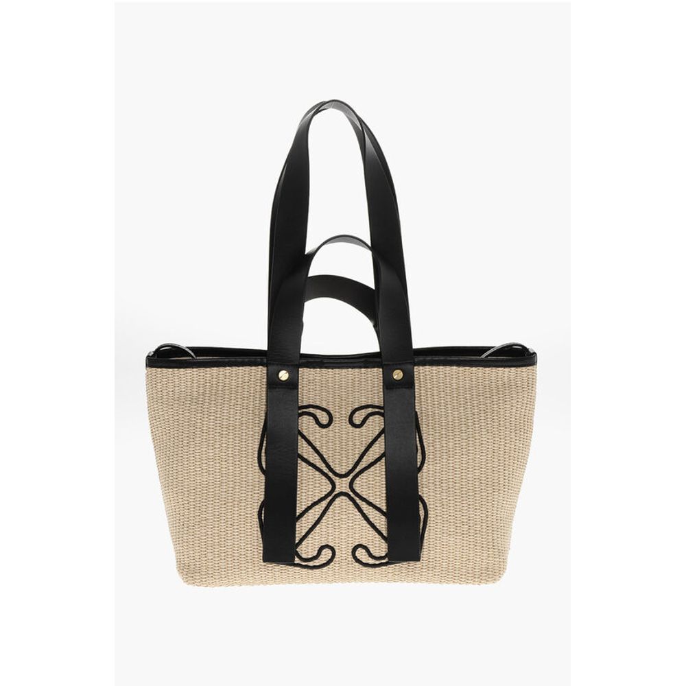 Off-White Raffia Tote Bag with Leather Details