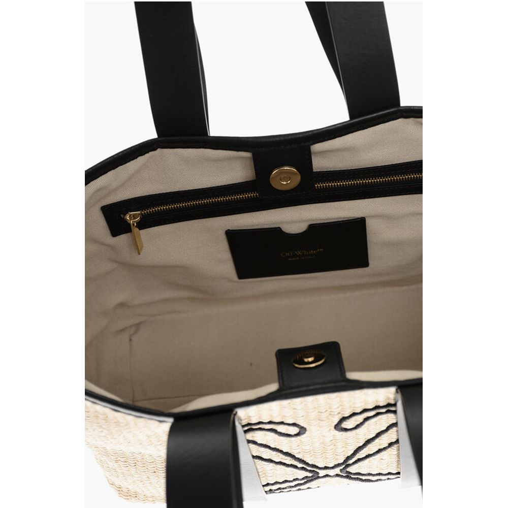 Off-White Raffia Tote Bag with Leather Details