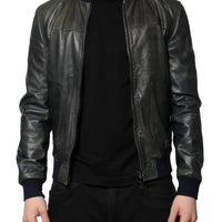 Dolce & Gabbana Black Lambskin Leather Biker Full Zip Jacket