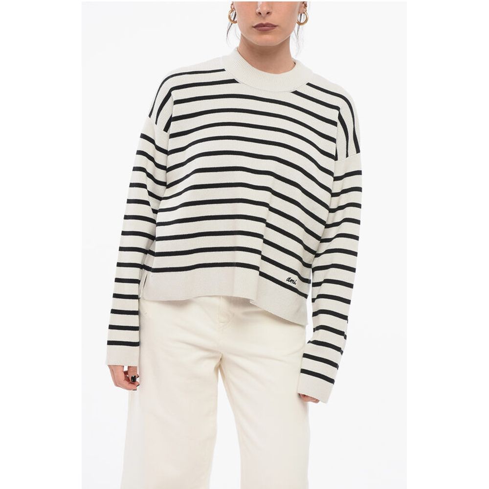 Ami Alexandre Mattiussi Crew Neck Cotton Blend Sweater with Awning Stripes