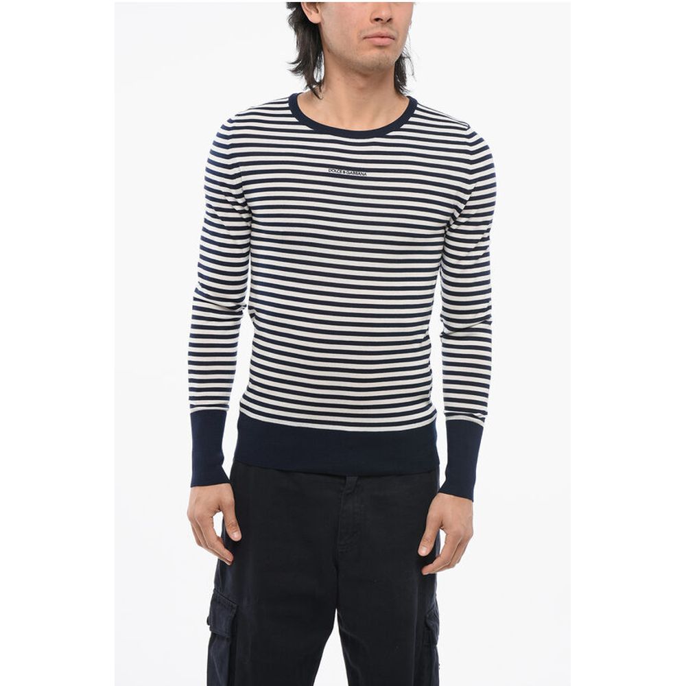 Dolce & Gabbana Crew Neck Virgin Wool Sweater with Awning Stripe Motif