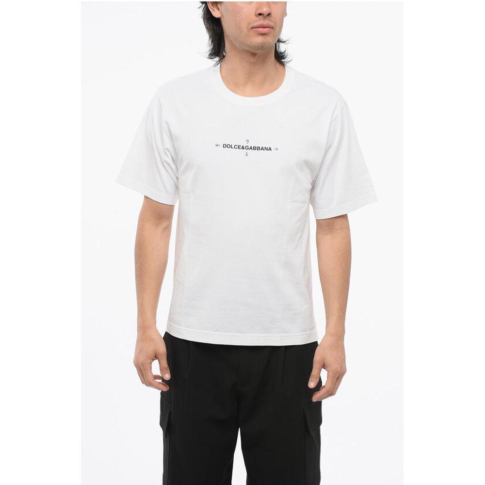 Dolce & Gabbana Crew Neck COMPASS Cotton T-Shirt with Prints