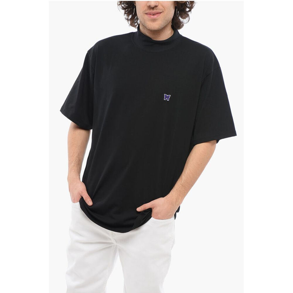 Needles Solid Color Mock-Neck T-Shirt with Butterfly Embroidery