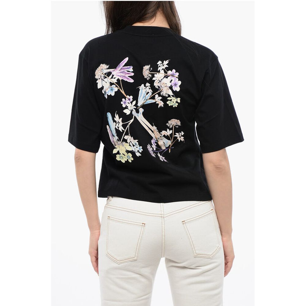 Off-White Cotton Crew-neck T-shirt with Back Floral-Motif