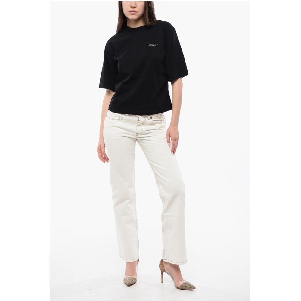 Off-White Cotton Crew-neck T-shirt with Back Floral-Motif