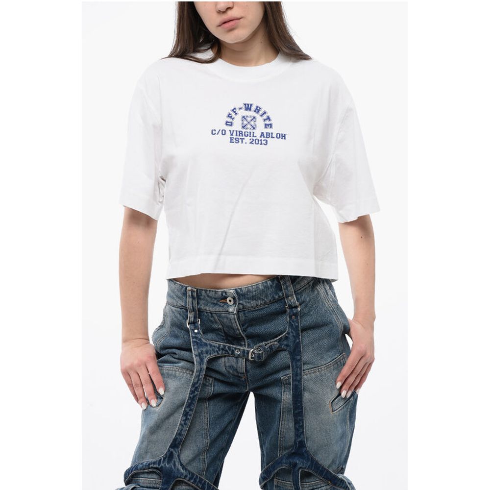 Off-White Cropped Crew-neck T-shirt with Frontal Print