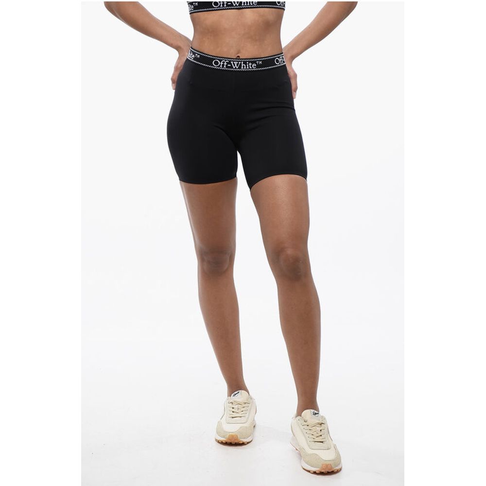 Off-White Biker Shorts with Logoed Elastic Band