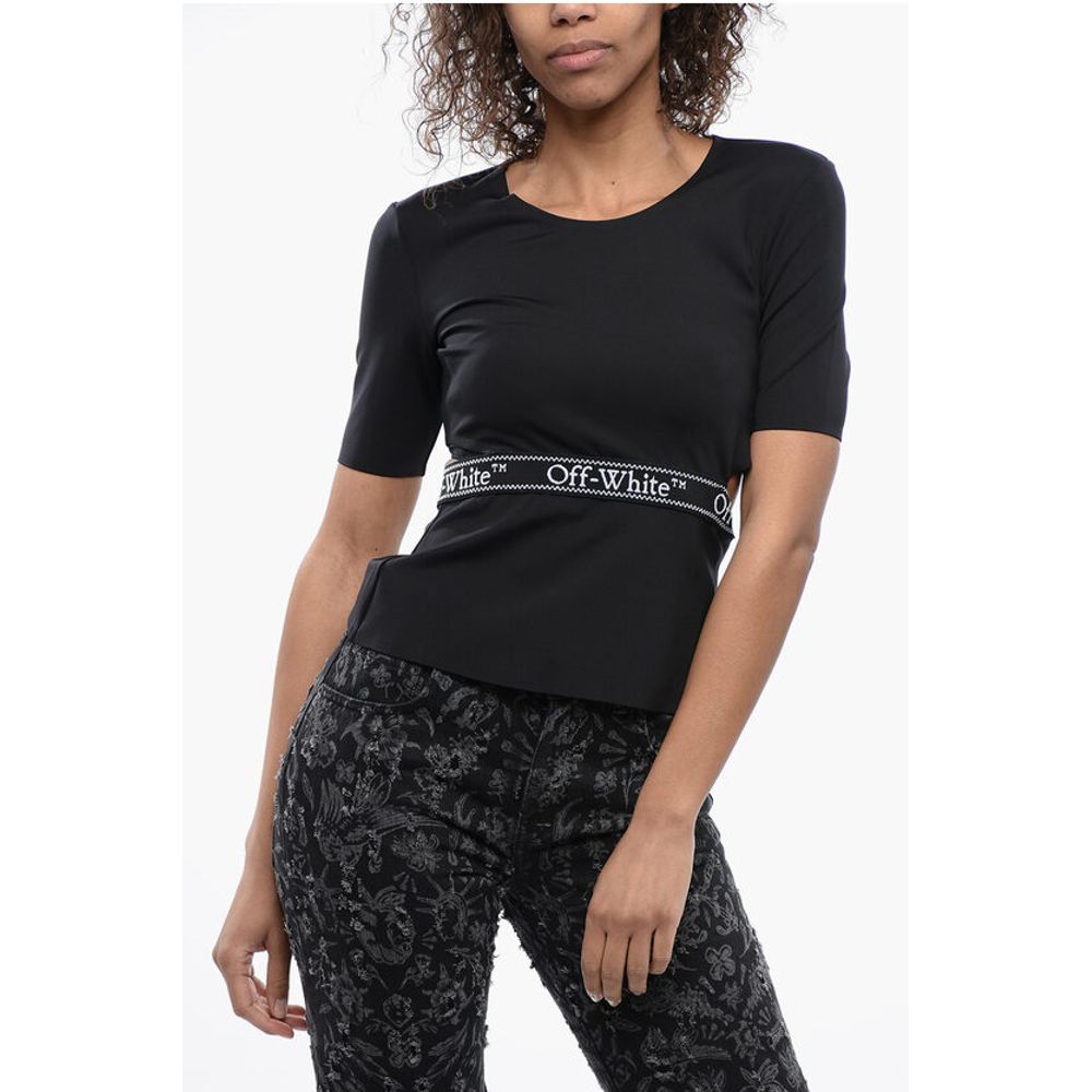 Off-White Short Sleeved Tight-Fitting Top with Cut-Out Detail