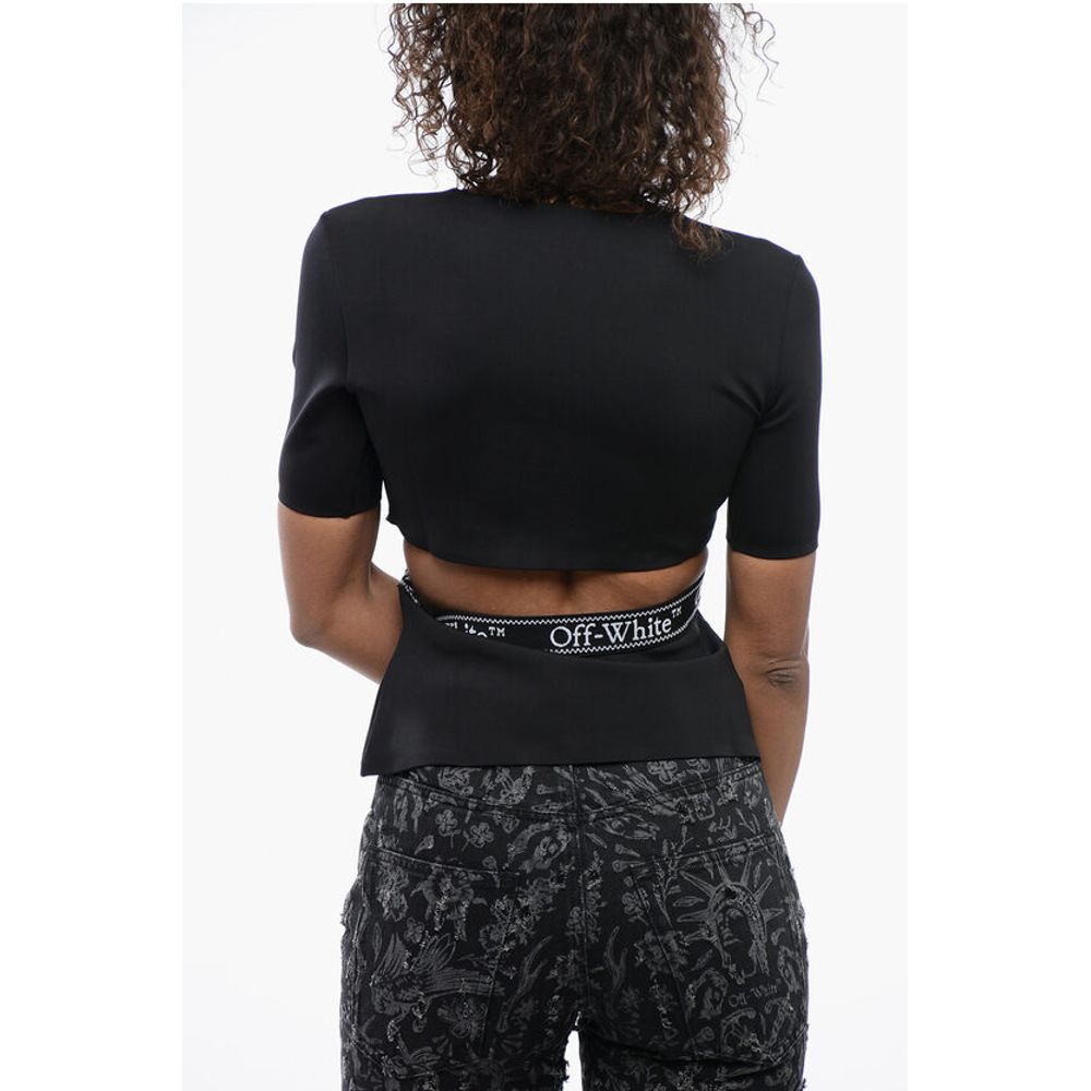 Off-White Short Sleeved Tight-Fitting Top with Cut-Out Detail