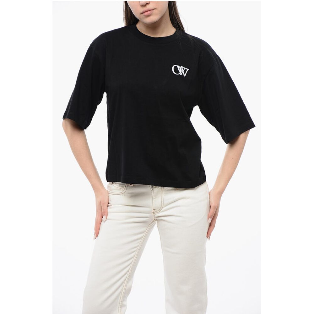 Off-White Cotton Crew-neck T-shirt With Contrast Embroidery