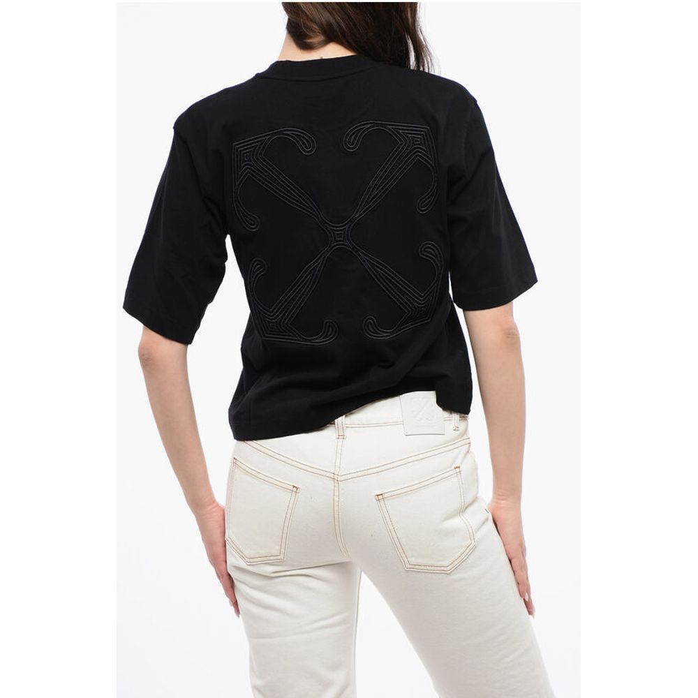 Off-White Cropped Crew-neck T-shirt with Bck Maxi Embroidery