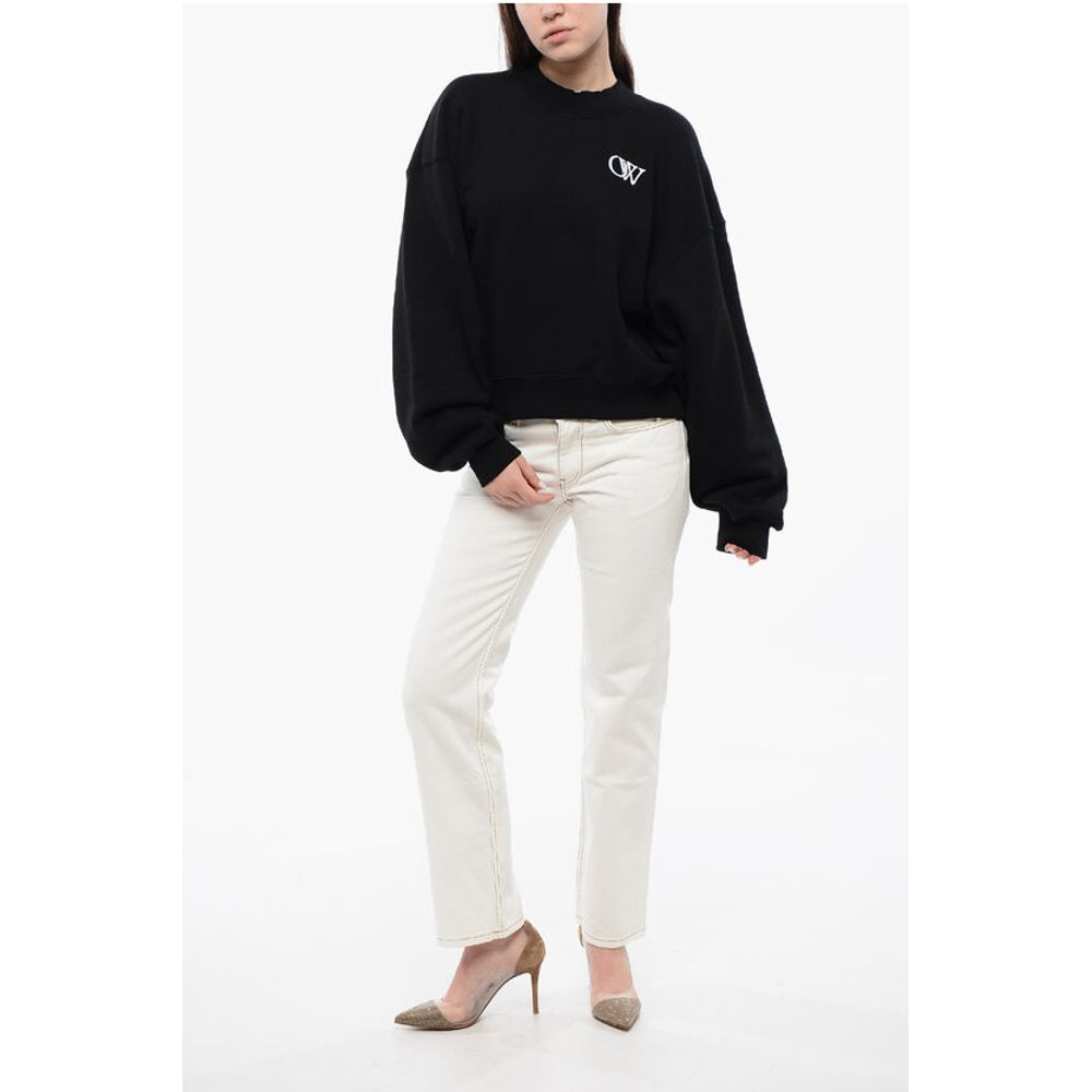 Off-White Cotton Crew-neck Sweatshirt with Contrast Embroidery