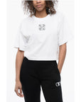 Off-White Crew-neck Crop T-Shirt with Rhinestones Embellished Logo