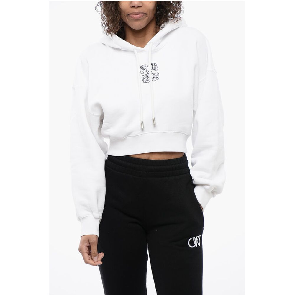Off-White Brushed Cotton Cropped Hoodie with Rhinestone Embellished Lo