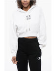 Off-White Brushed Cotton Cropped Hoodie with Rhinestone Embellished Lo