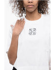 Off-White Crew-neck Crop T-Shirt with Rhinestones Embellished Logo