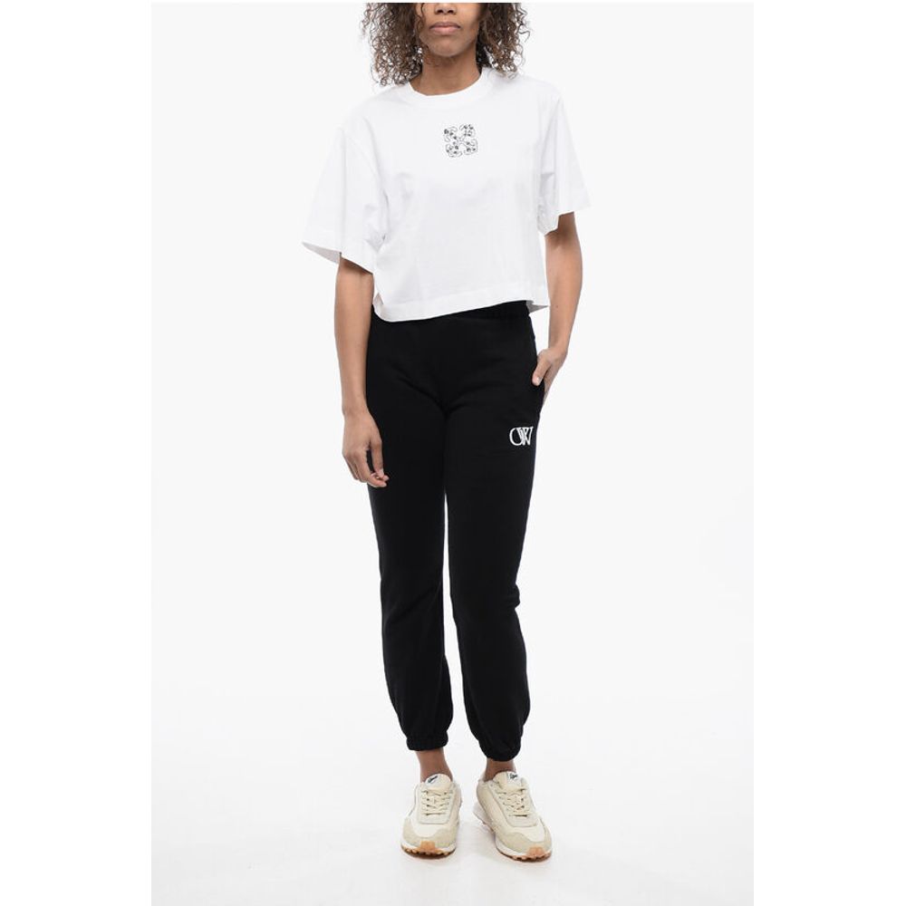 Off-White Crew-neck Crop T-Shirt with Rhinestones Embellished Logo